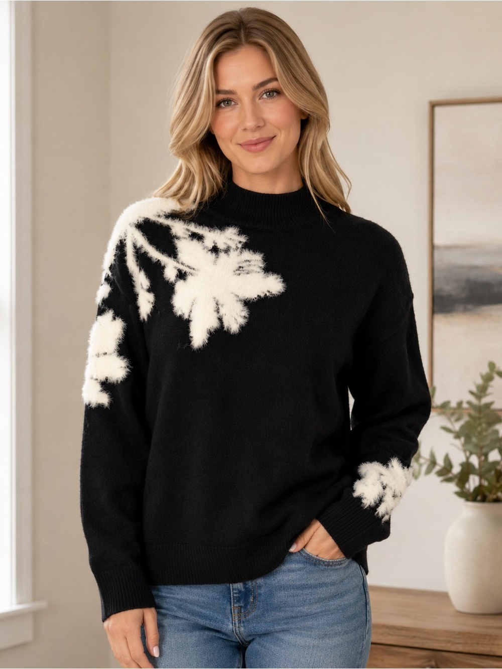Black Floral Accent Cowl-Neck Sweater - Women's